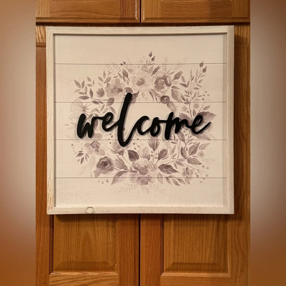 Farmhouse Floral Welcome Wall Art in Black, Grey, and Cream